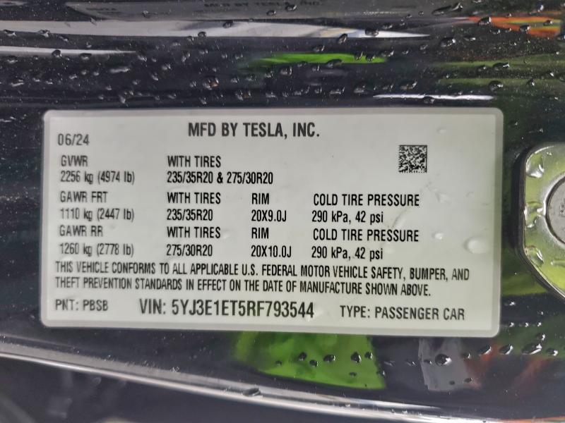 2024 Tesla Model 3 მანქანა იყიდება აუქციონზე, vin: 5YJ3E1ET5RF793544, აუქციონის ნომერი: 93931405
