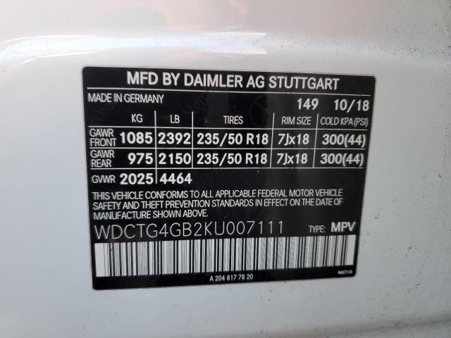 91897215 :رقم المزاد ، WDCTG4GB2KU007111 vin ، 2019 Mercedes-benz Gla مزاد بيع