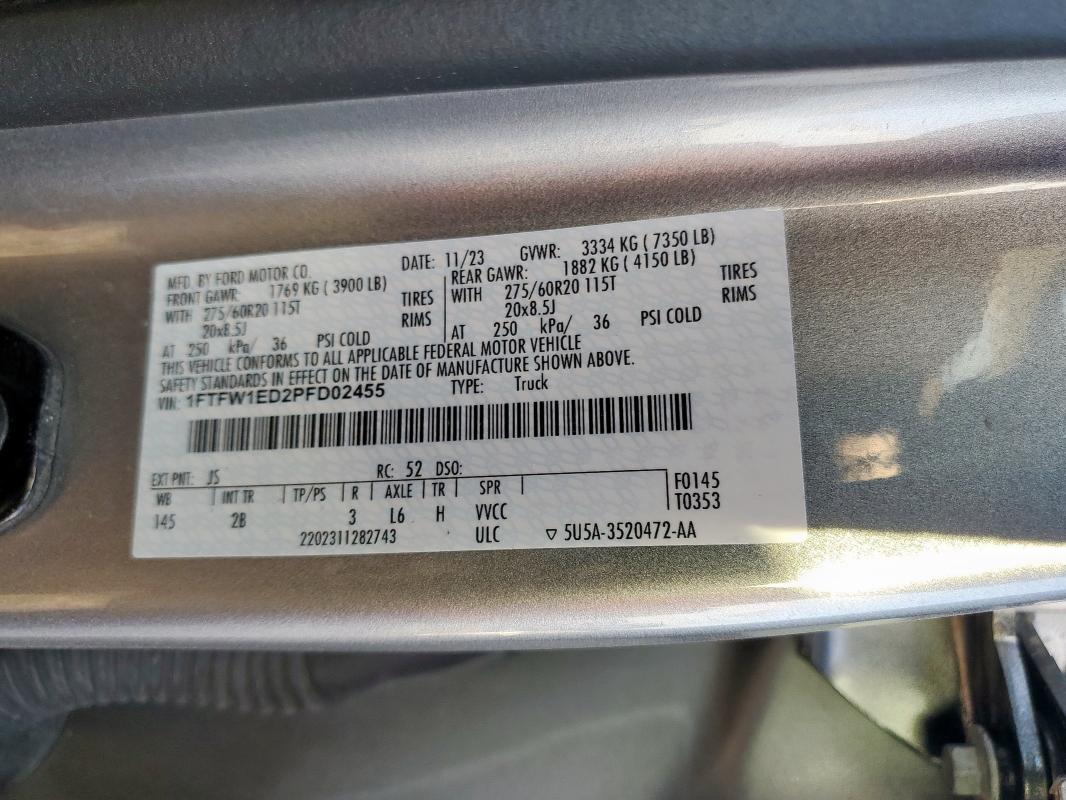 Auction sale of the 2023 Ford F150 Super, vin: 1FTFW1ED2PFD02455, lot number: 74494935