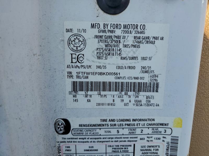 94104595 :رقم المزاد ، 1FTFW1EF0BKD00561 vin ، 2011 Ford F-150 مزاد بيع