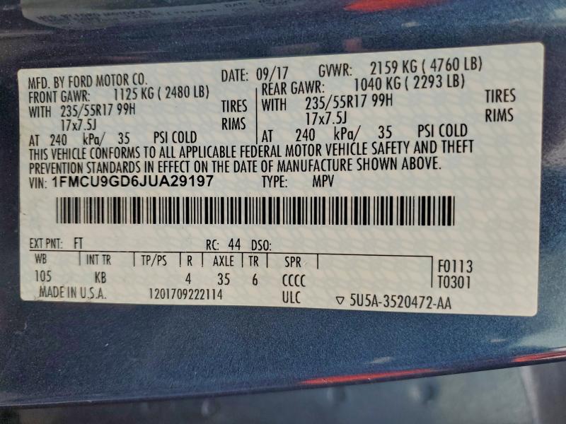 2018 Ford Escape Se მანქანა იყიდება აუქციონზე, vin: 1FMCU9GD6JUA29197, აუქციონის ნომერი: 93488975