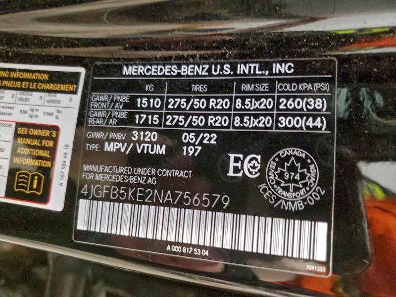94231385 :رقم المزاد ، 4JGFB5KE2NA756579 vin ، 2022 Mercedes Benz Gle مزاد بيع