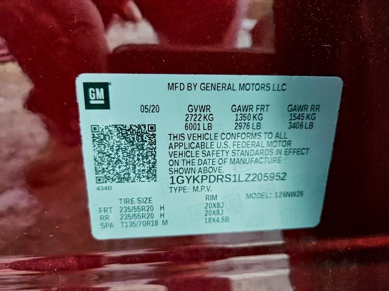 93243735 :رقم المزاد ، 1GYKPDRS1LZ205952 vin ، 2020 Cadillac Xt6 مزاد بيع