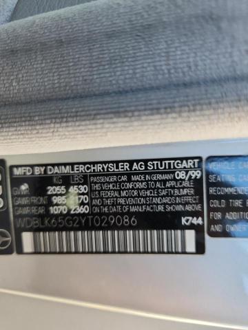 92126855 :رقم المزاد ، WDBLK65G2YT029086 vin ، 2000 Mercedes-benz Clk مزاد بيع