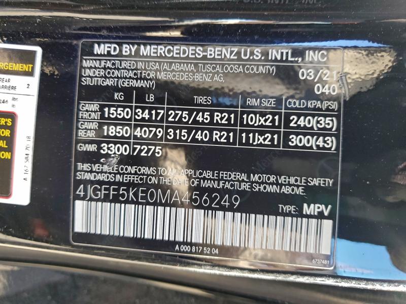 Aukcja sprzedaży 2021 Mercedes-benz Gls, vin: 4JGFF5KE0MA456249, numer aukcji: 92534625
