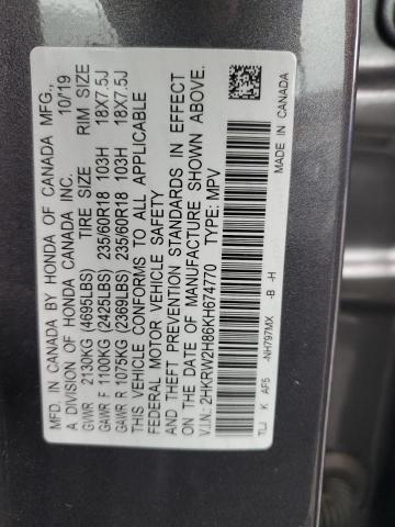 Auction sale of the 2019 Honda Cr-v, vin: 2HKRW2H86KH674770, lot number: 91663715