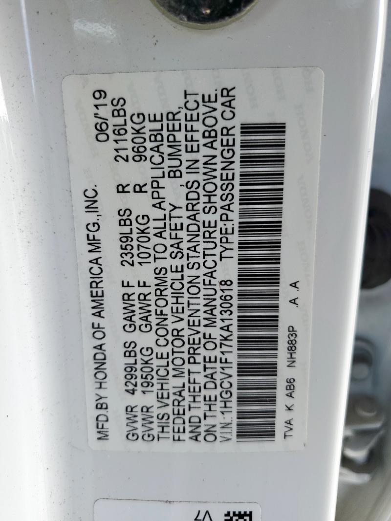 Продажа на аукционе авто 2019 Honda Accord, vin: 1HGCV1F17KA130618, номер лота: 91988955