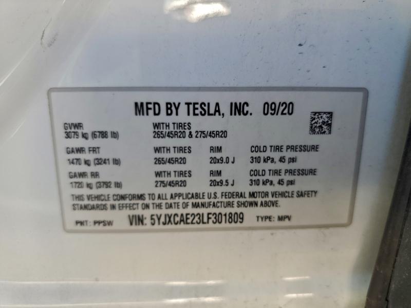 2020 Tesla Model X მანქანა იყიდება აუქციონზე, vin: 5YJXCAE23LF301809, აუქციონის ნომერი: 83981085