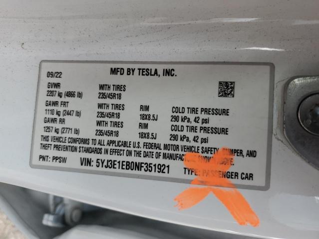 Aukcja sprzedaży 2022 Tesla Model 3, vin: 5YJ3E1EB0NF351921, numer aukcji: 92837385