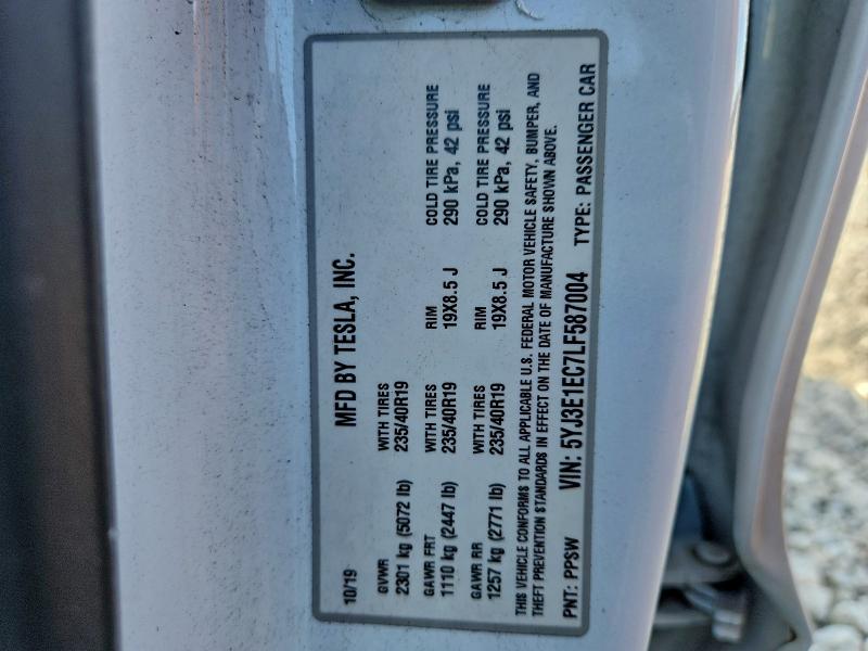 2020 Tesla Model 3 მანქანა იყიდება აუქციონზე, vin: 5YJ3E1EC7LF587004, აუქციონის ნომერი: 94326475