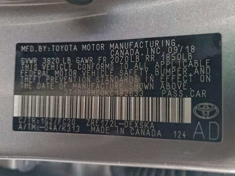 2019 Toyota Corolla მანქანა იყიდება აუქციონზე, vin: 2T1BURHE0KC182633, აუქციონის ნომერი: 93762395