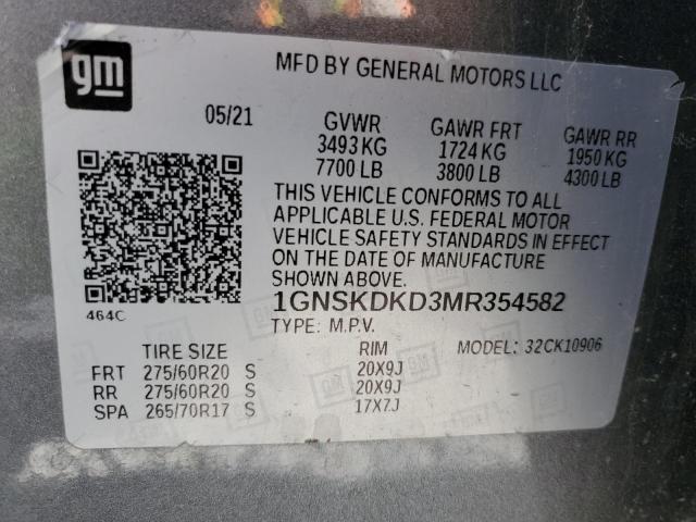 Auction sale of the 2021 Chevrolet Suburban K, vin: 1GNSKDKD3MR354582, lot number: 91573675