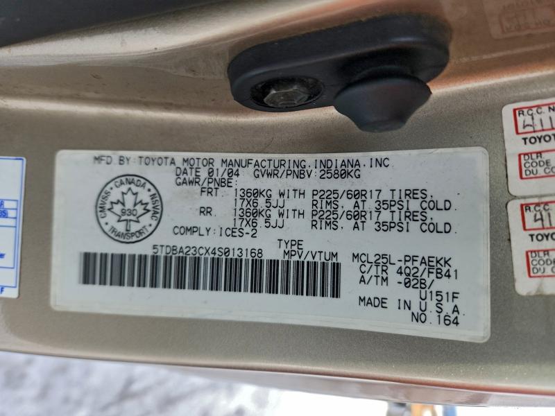 Aukcja sprzedaży 2004 Toyota Sienna Le, vin: 5TDBA23CX4S013168, numer aukcji: 95067035