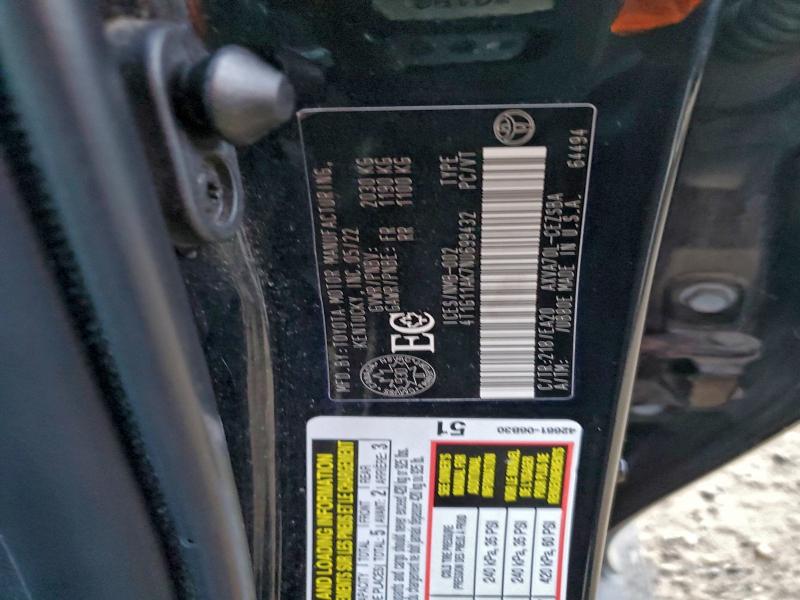 93919605 :رقم المزاد ، 4T1G11AK7NU699432 vin ، 2022 Toyota Camry مزاد بيع