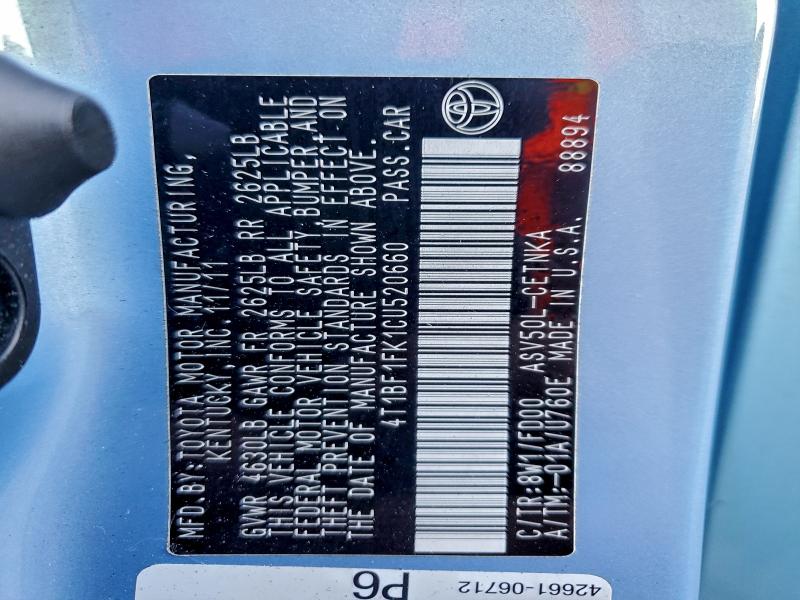 Aukcja sprzedaży 2012 Toyota Camry Base, vin: 4T1BF1FK1CU520660, numer aukcji: 94375285