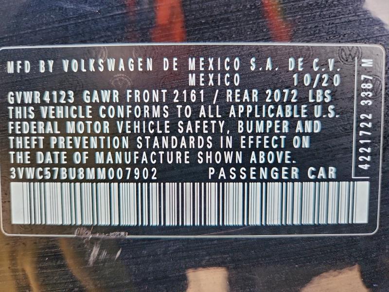2021 Volkswagen Jetta მანქანა იყიდება აუქციონზე, vin: 3VWC57BU8MM007902, აუქციონის ნომერი: 94268495