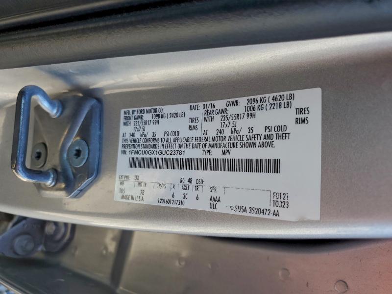 94647065 :رقم المزاد ، 1FMCU0GX1GUC23781 vin ، 2016 Ford Escape مزاد بيع