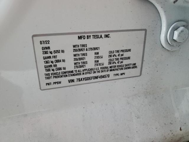2022 Tesla Model Y მანქანა იყიდება აუქციონზე, vin: 7SAYGDEF0NF494570, აუქციონის ნომერი: 91436965