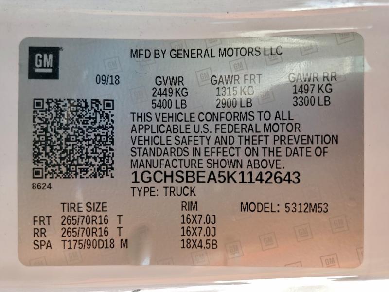 2019 Chevrolet Colorado მანქანა იყიდება აუქციონზე, vin: 1GCHSBEA5K1142643, აუქციონის ნომერი: 94224975