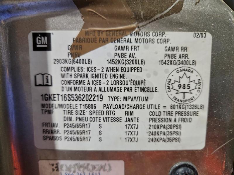 2003 Gmc Envoy მანქანა იყიდება აუქციონზე, vin: 1GKET16S536202219, აუქციონის ნომერი: 94028055