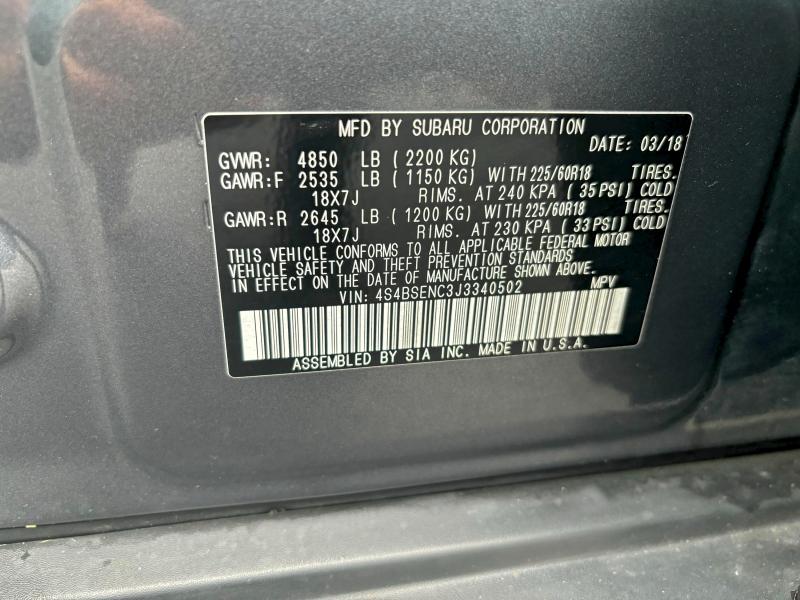 Aukcja sprzedaży 2018 Subaru Outback 3., vin: 4S4BSENC3J3340502, numer aukcji: 95248735