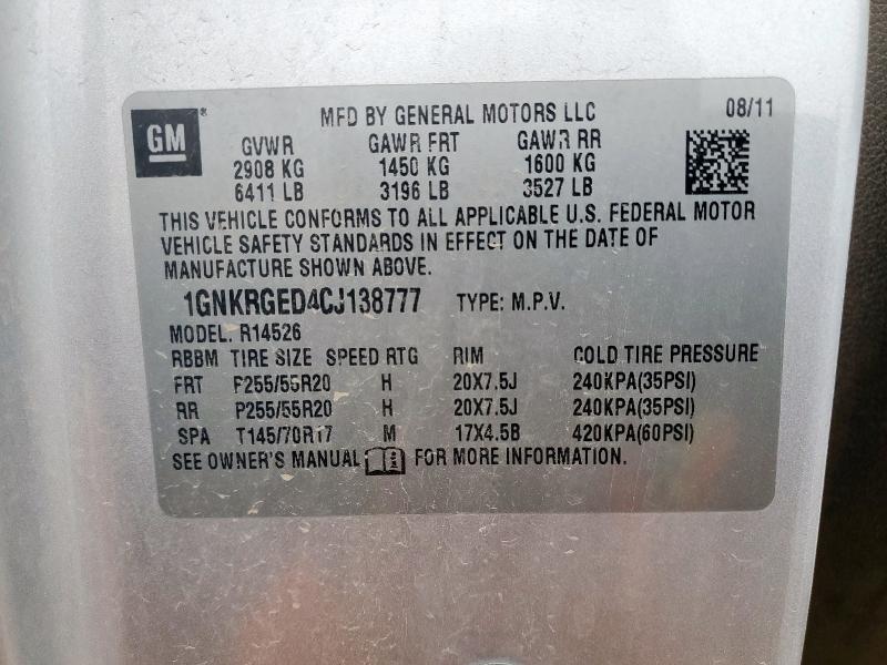 Aukcja sprzedaży 2012 Chevrolet Traverse, vin: 1GNKRGED4CJ138777, numer aukcji: 93027425