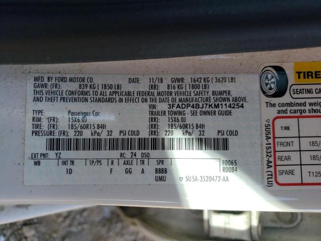 90837235 :رقم المزاد ، 3FADP4BJ7KM114254 vin ، 2019 Ford Fiesta Se مزاد بيع