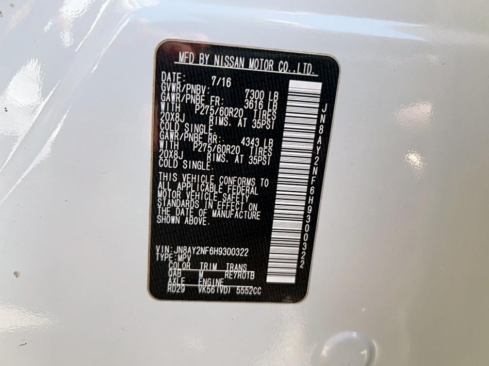 2017 Nissan Armada Pla მანქანა იყიდება აუქციონზე, vin: JN8AY2NF6H9300322, აუქციონის ნომერი: 92051655