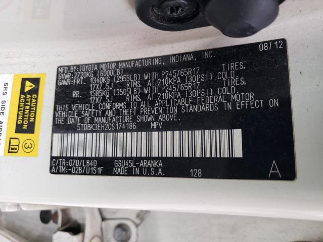 91255625 :رقم المزاد ، 5TDBK3EH2CS174186 vin ، 2012 Toyota Highlander مزاد بيع