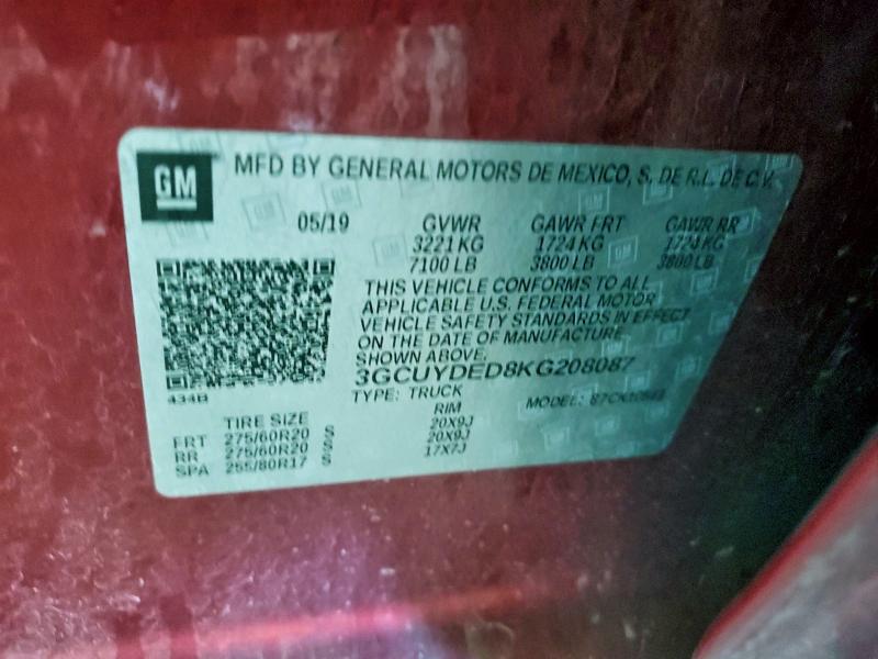 Продаж на аукціоні авто 2019 Chevrolet Silverado, vin: 3GCUYDED8KG208087, номер лоту: 93882345