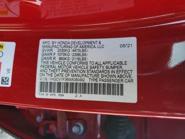 82263655 :رقم المزاد ، 1HGCV1F36MA080492 vin ، 2021 Honda Accord مزاد بيع