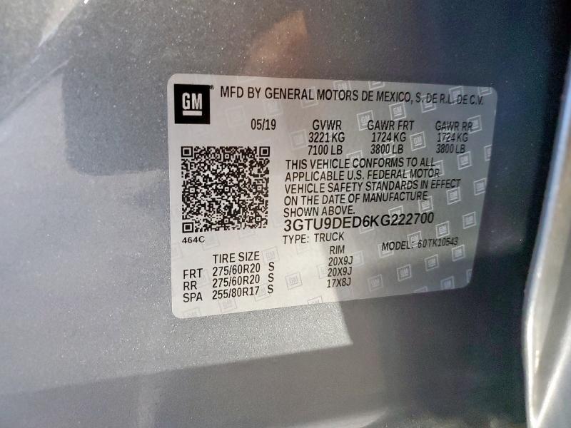 Aukcja sprzedaży 2019 Gmc Sierra, vin: 3GTU9DED6KG222700, numer aukcji: 92205545