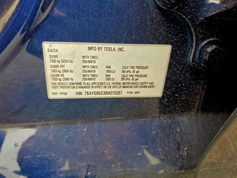 Aukcja sprzedaży 2024 Tesla Model Y, vin: 7SAYGDEE3RA275287, numer aukcji: 93867835