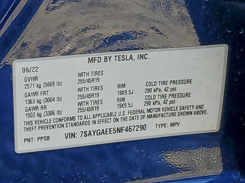 Продажа на аукционе авто 2022 Tesla Model Y, vin: 7SAYGAEE5NF467290, номер лота: 92755625