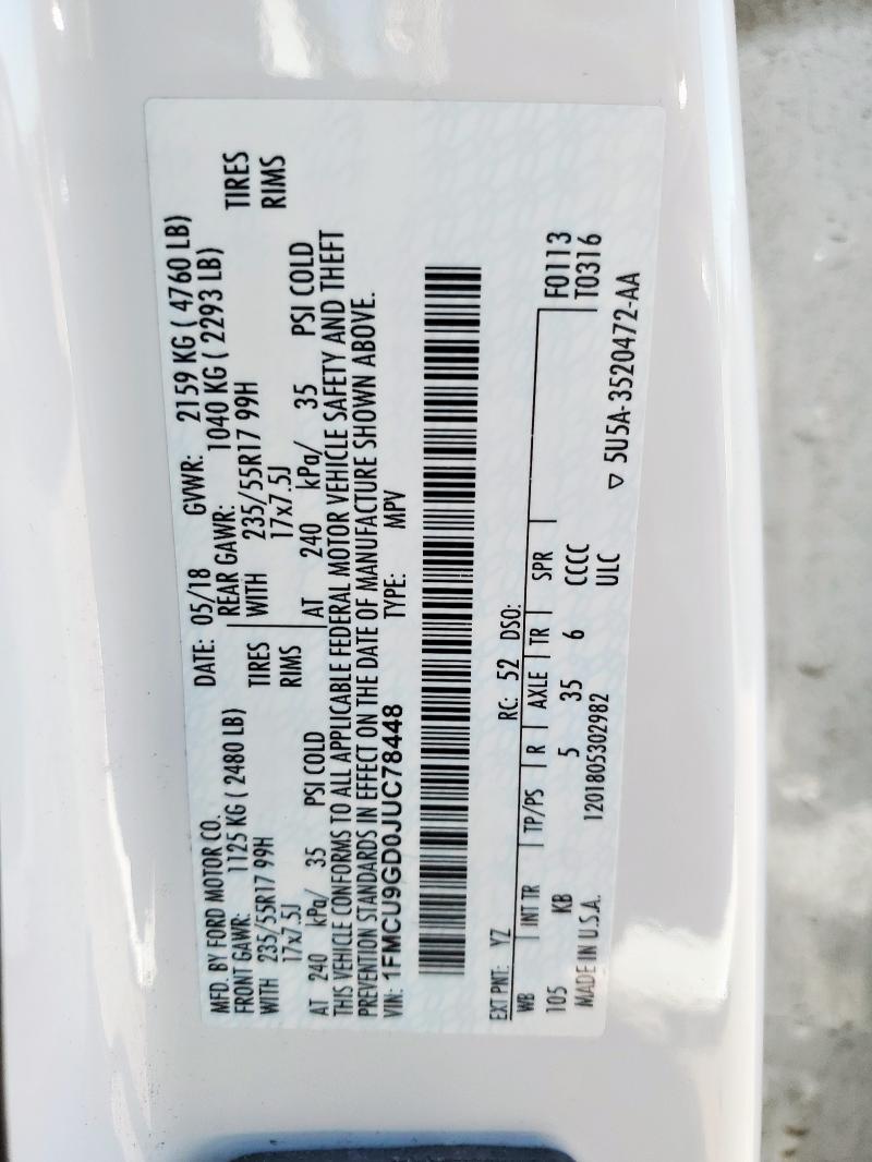 85408185 :رقم المزاد ، 1FMCU9GD0JUC78448 vin ، 2018 Ford Escape Se مزاد بيع