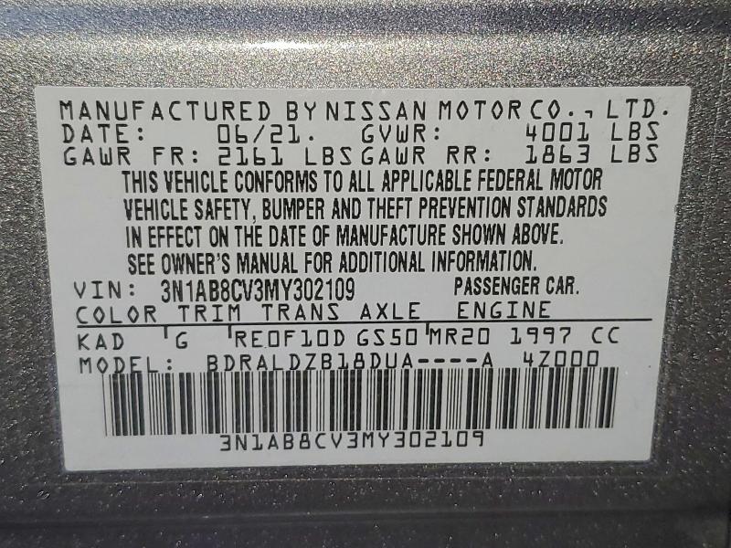 2021 Nissan Sentra მანქანა იყიდება აუქციონზე, vin: 3N1AB8CV3MY302109, აუქციონის ნომერი: 51778066