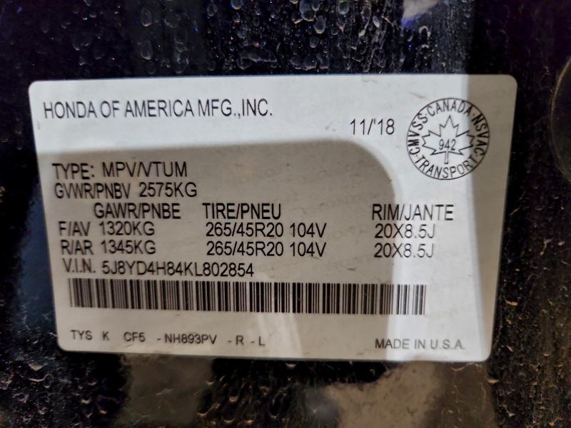 94870385 :رقم المزاد ، 5J8YD4H84KL802854 vin ، 2019 Acura Mdx مزاد بيع