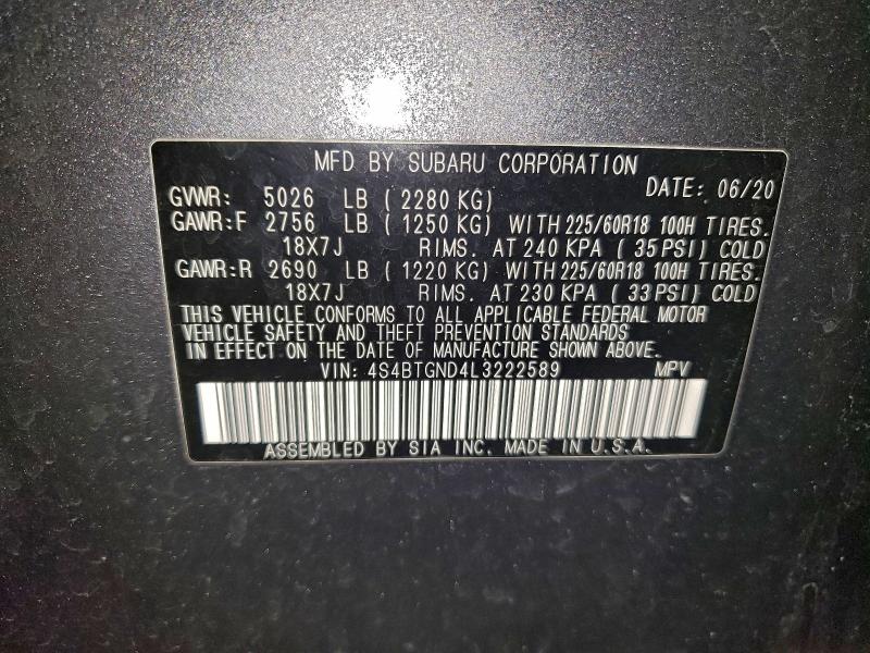 Aukcja sprzedaży 2020 Subaru Outback, vin: 4S4BTGND4L3222589, numer aukcji: 94141745