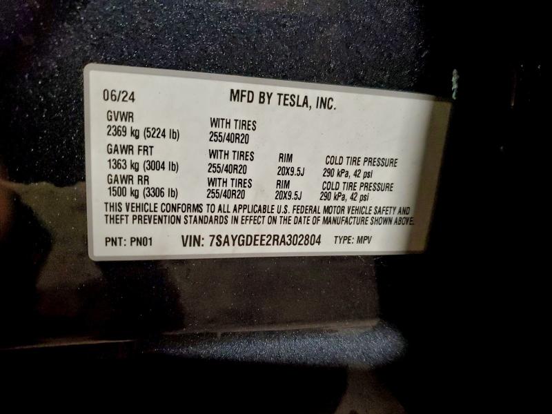 93415145 :رقم المزاد ، 7SAYGDEE2RA302804 vin ، 2024 Tesla Model Y مزاد بيع