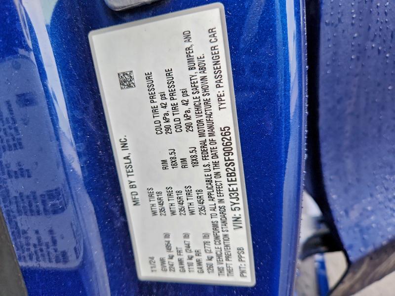 Продажа на аукционе авто 2025 Tesla Model 3, vin: 5YJ3E1EB2SF906265, номер лота: 94291495