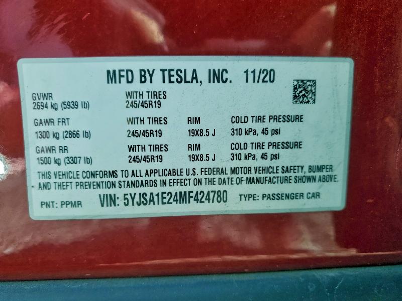 Продаж на аукціоні авто 2021 Tesla Model S, vin: 5YJSA1E24MF424780, номер лоту: 93434905