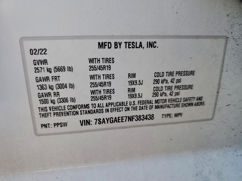 Aukcja sprzedaży 2022 Tesla Model Y, vin: 7SAYGAEE7NF383438, numer aukcji: 91482665