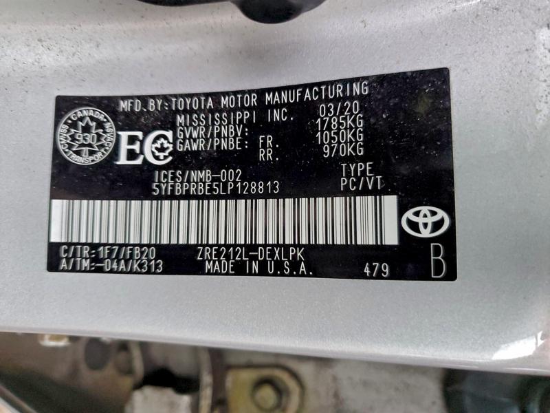 Aukcja sprzedaży 2020 Toyota Corolla, vin: 5YFBPRBE5LP128813, numer aukcji: 93485775