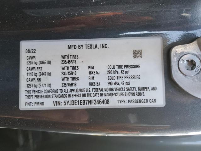 2022 Tesla Model 3 მანქანა იყიდება აუქციონზე, vin: 5YJ3E1EB7NF346408, აუქციონის ნომერი: 93352675