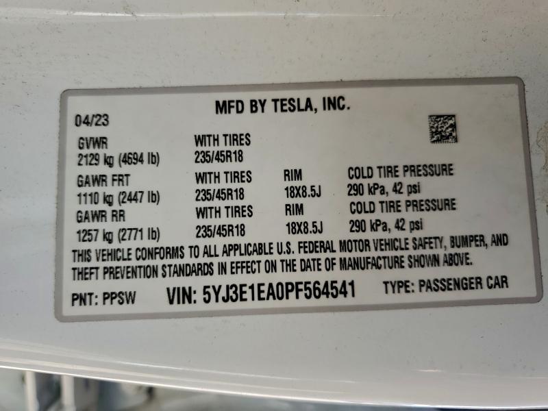 Aukcja sprzedaży 2023 Tesla Model 3, vin: 5YJ3E1EA0PF564541, numer aukcji: 94388035