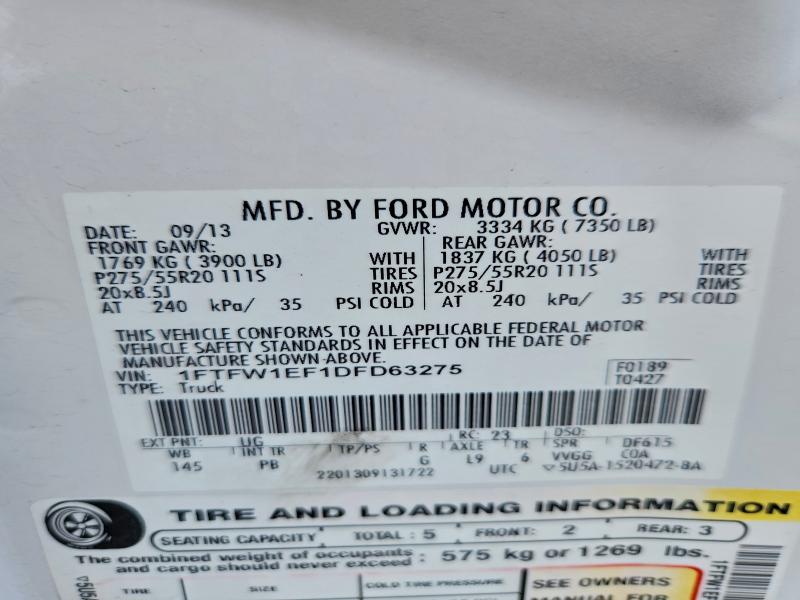 92980015 :رقم المزاد ، 1FTFW1EF1DFD63275 vin ، 2013 Ford F150 Super مزاد بيع