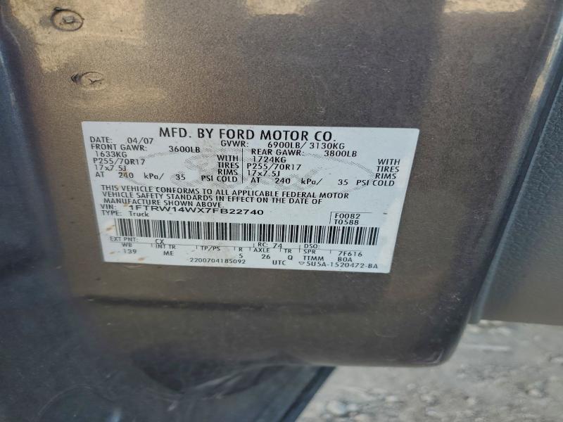 2007 Ford F150 მანქანა იყიდება აუქციონზე, vin: 1FTRW14WX7FB22740, აუქციონის ნომერი: 94393945