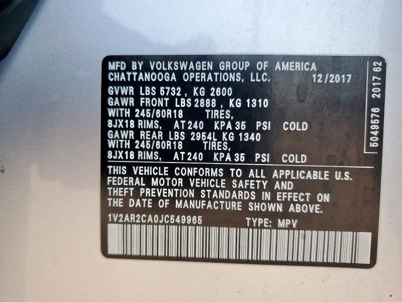 2018 Volkswagen Atlas მანქანა იყიდება აუქციონზე, vin: 1V2AR2CA0JC549965, აუქციონის ნომერი: 91896005