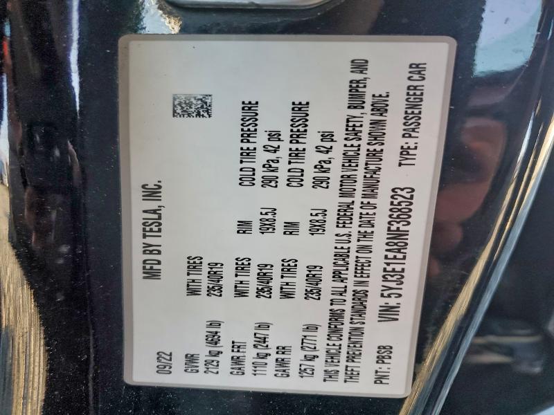 Продаж на аукціоні авто 2022 Tesla Model 3, vin: 5YJ3E1EA8NF368523, номер лоту: 94477575