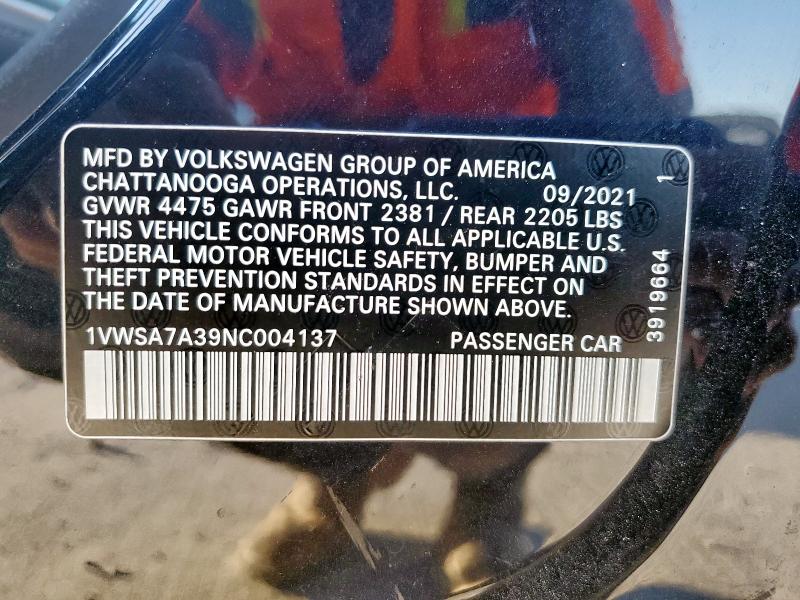 92585545 :رقم المزاد ، 1VWSA7A39NC004137 vin ، 2022 Volkswagen Passat مزاد بيع